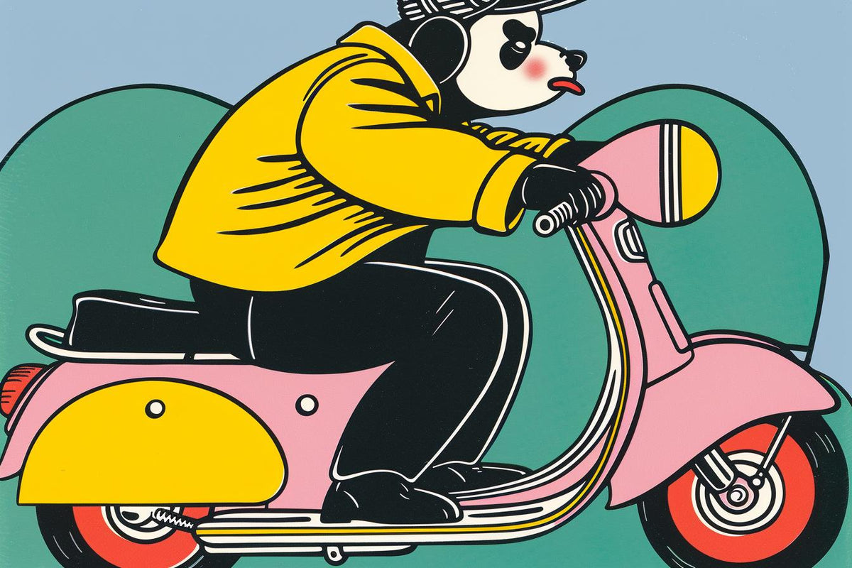 panda  scooter  cartoon  pink  colorful  quirky  whimsical  humorous  animal  transport 938780