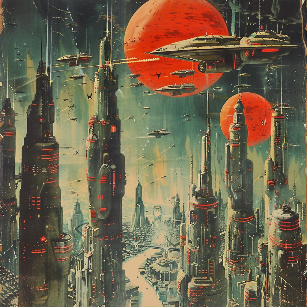sci-fi  Japanese  1946  futuristic  city  red  sun  painting  vision  artwork 1036212