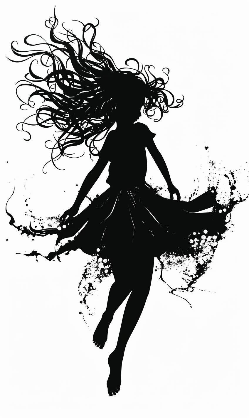 silhouette  girl  dancing  pigtails  curly  hair  black  white  vector  art 954068