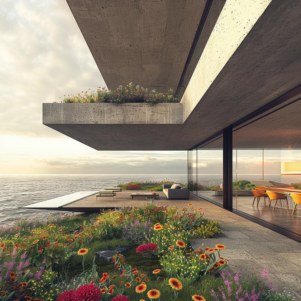 هندسة معمارية، منزل على المحيط، منظر حديقة، زهور، تصميم لوكوربوزييه، مشهد 1036374