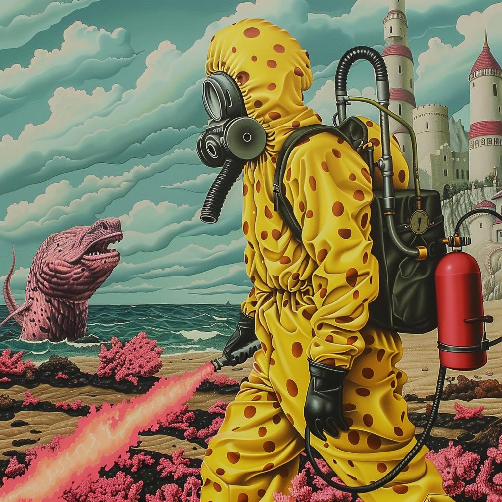 man  hazmat  suit  flamethrower  sea-monster  painting  yellow  fire  attack  surreal 944278