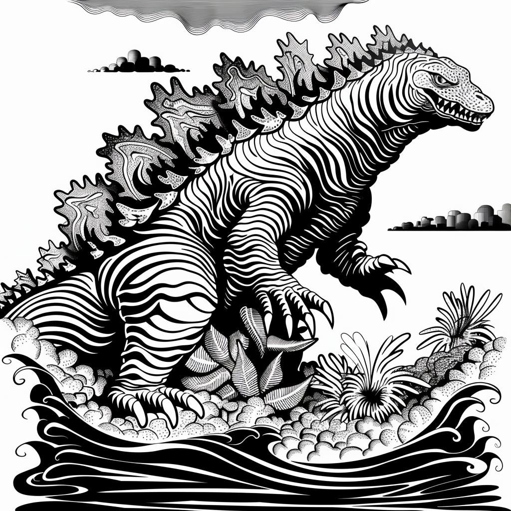 Godzilla  drawing  black  white  monster  illustration  art  creature  stylized  vintage 942634