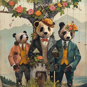 panda  bears  suits  tree  chromolithography  animal  whimsical  illustration  artwork  funny 1058204