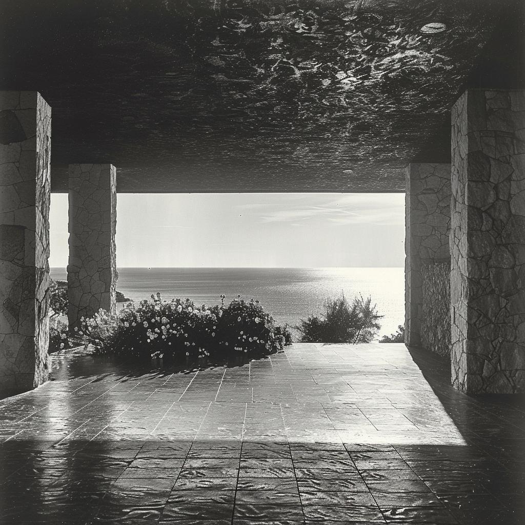 black  white  photo  patio  ocean  Frank  Lloyd  Wright  scenic  tranquil 1036187