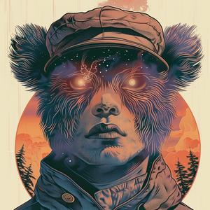 surreal  album  cover  bear  hat  poster  Risograph  Symbolist  hyper-realistic  screenprinting 1077469