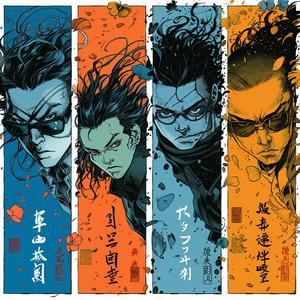 manga  dynamic  quadriptych  action  characters  vibrant  courage  wisdom  passion  peace 1075295