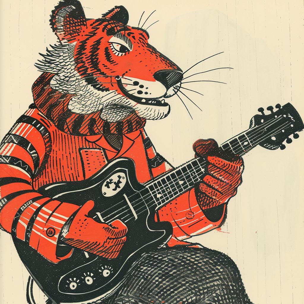 tiger  guitar  Moebius  anthropomorphic  cartoon  musician  fender  red  playful  art 922904