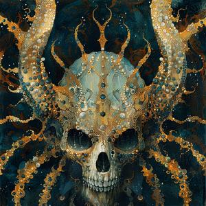 skull  tentacles  painting  ArtNouveau  Surrealism  pointillism  gold  indigo  teal  dark 1077012