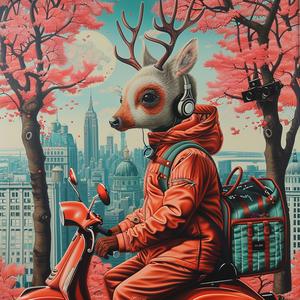 deer  man  scooter  NYC  painting  urban  whimsical  animal  transport  humor 1037925