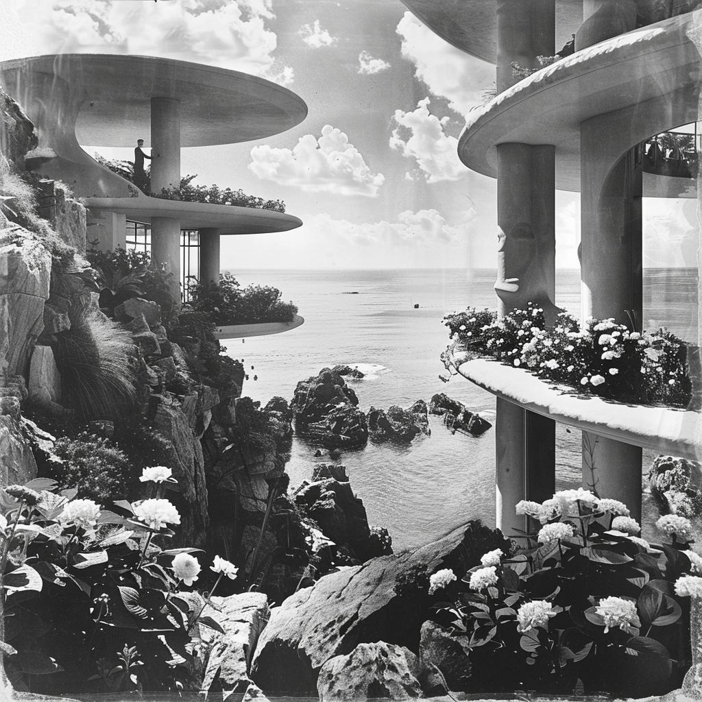 black  white  photo  house  cliff  Frank  Lloyd  Wright  shoreline  dramatic 1036194