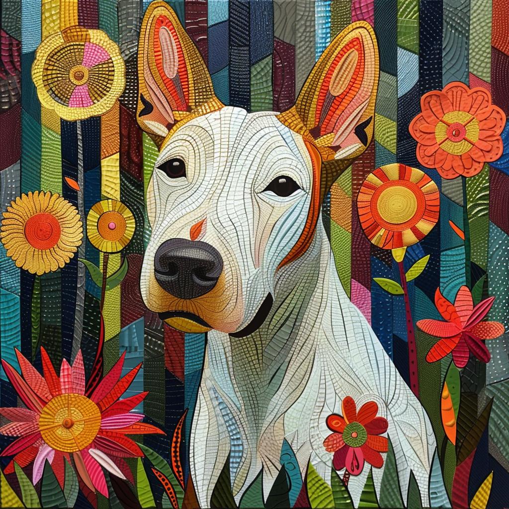 bull  terrier  dog  garden  colorful  vibrant  textured  faith  whimsical  composition 938641