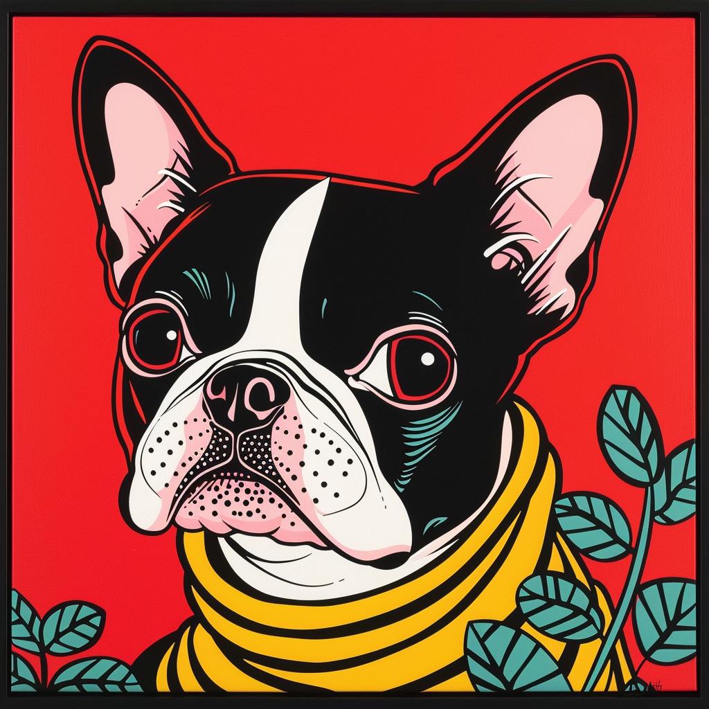 Dog  BostonTerrier  YellowScarf  RedBackground  PetArt  Cute  Canine  Animal  Painting  Colorful 973302