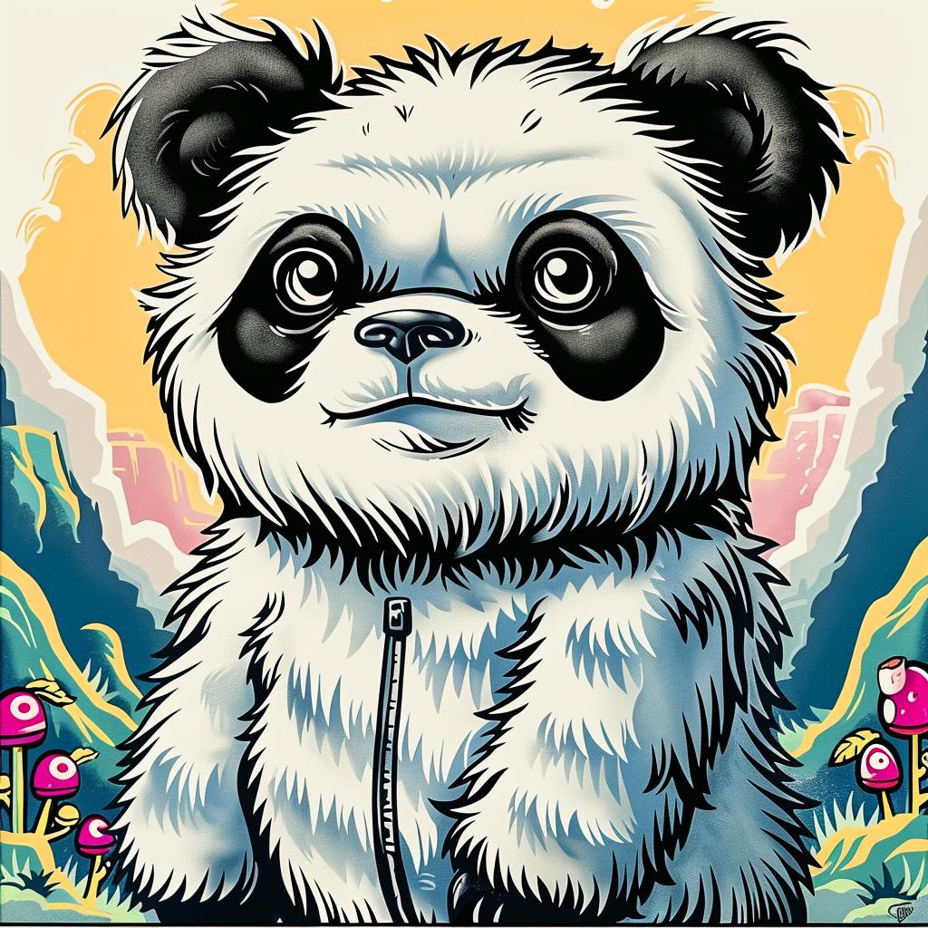 panda  bear  creature  jacket  mushroom  background  cartoon  playful  funny  animal 1032987