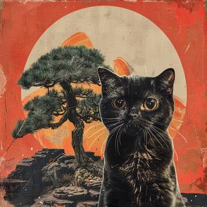 retro  kitsch  vintage  collage  black  cat  cartoony  rock  tree  background 1080065