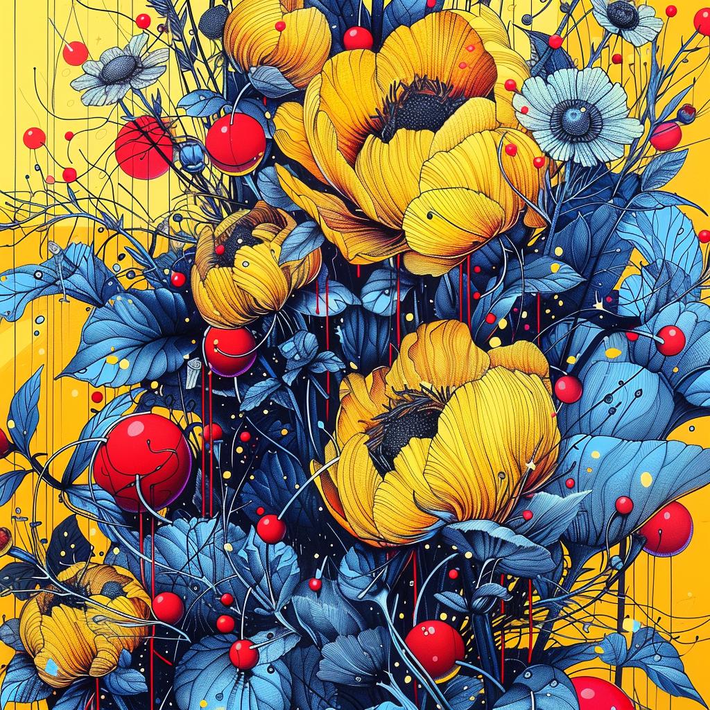 painting  flowers  yellow  berries  vibrant  background  nature  colorful  illustration  art 945007
