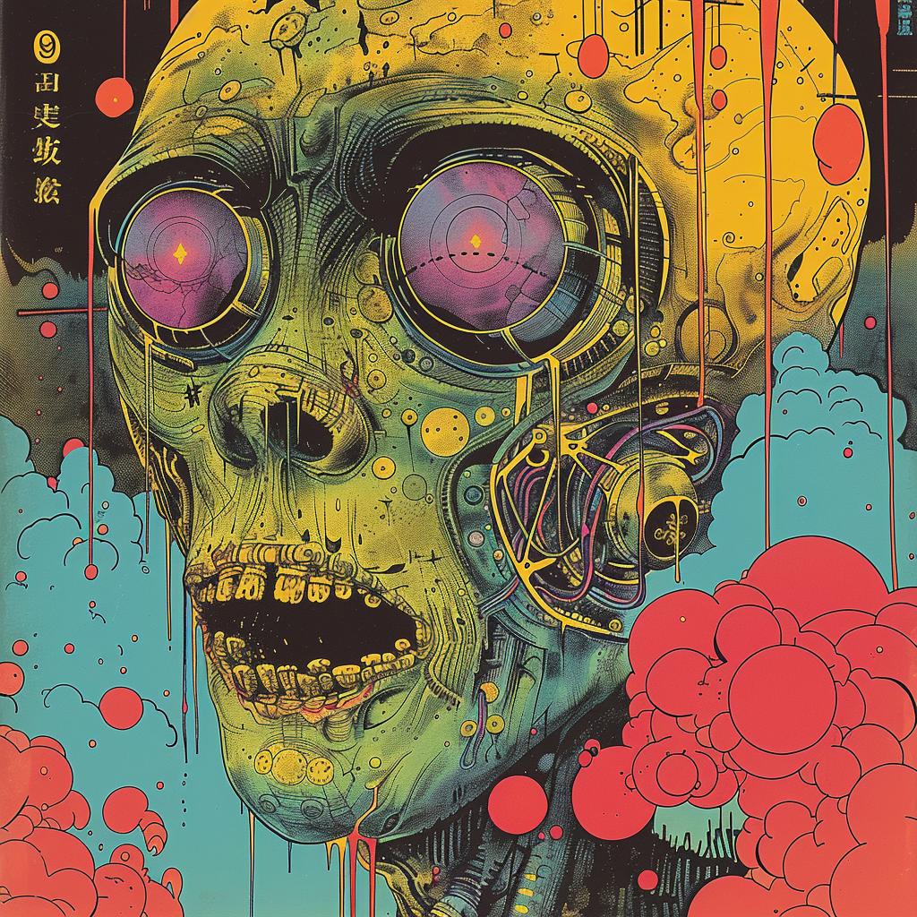 chromolithography  horror  Japanese  monster  skull  robot  lettering  1997  poster  illustration 1036104