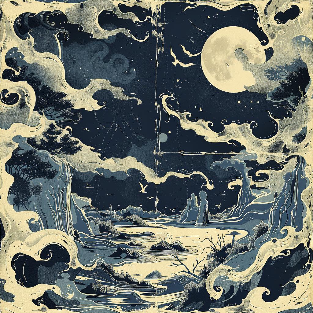 album  cover  moon  clouds  river  navy  blue  cream  Paul  Pope 917905