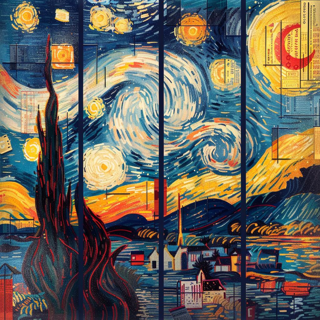 collage  Starry  Night  Van  Gogh  Monet  brushwork  vibrant  murals  Persian 1017081
