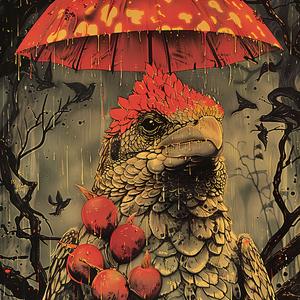 painting  eagle  umbrella  berries  nature  art  chromolithography  colorful  detailed  whimsical 1057324
