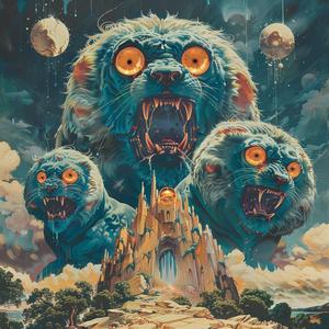 lion  three-eyed  ominous  occult  album  Art Nouveau  Surrealism  pointillism  gold  teal 1077054