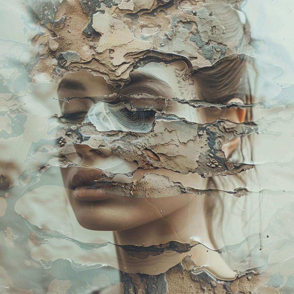وجه امرأة مشوه، نافذة مكسورة، تعبير عاطفي، مظلم، سريالي، مجزأ 954307
