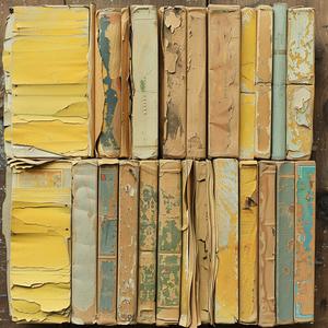 yellow  books  aged  collection  vintage  wooden  table  1980s  raw  stack 1075310