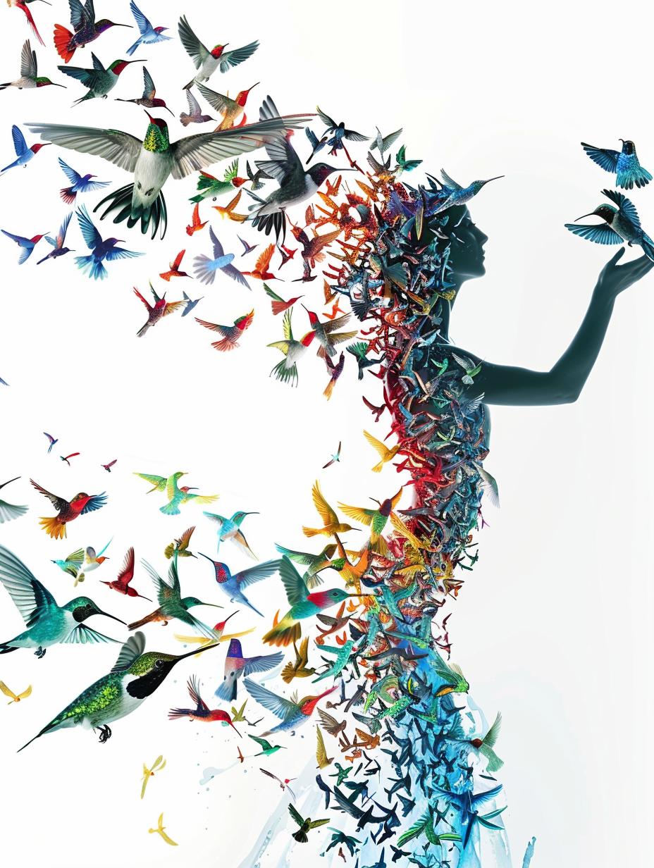hummingbirds  silhouette  woman  swarm  flying  birds  nature  elegance  grace  fluid 953855