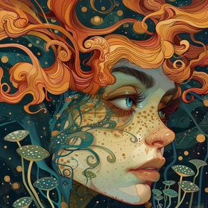 Kirby  comic  ArtNouveau  surrealism  pointillism  woman  mushrooms  orange  indigo  teal 1076447