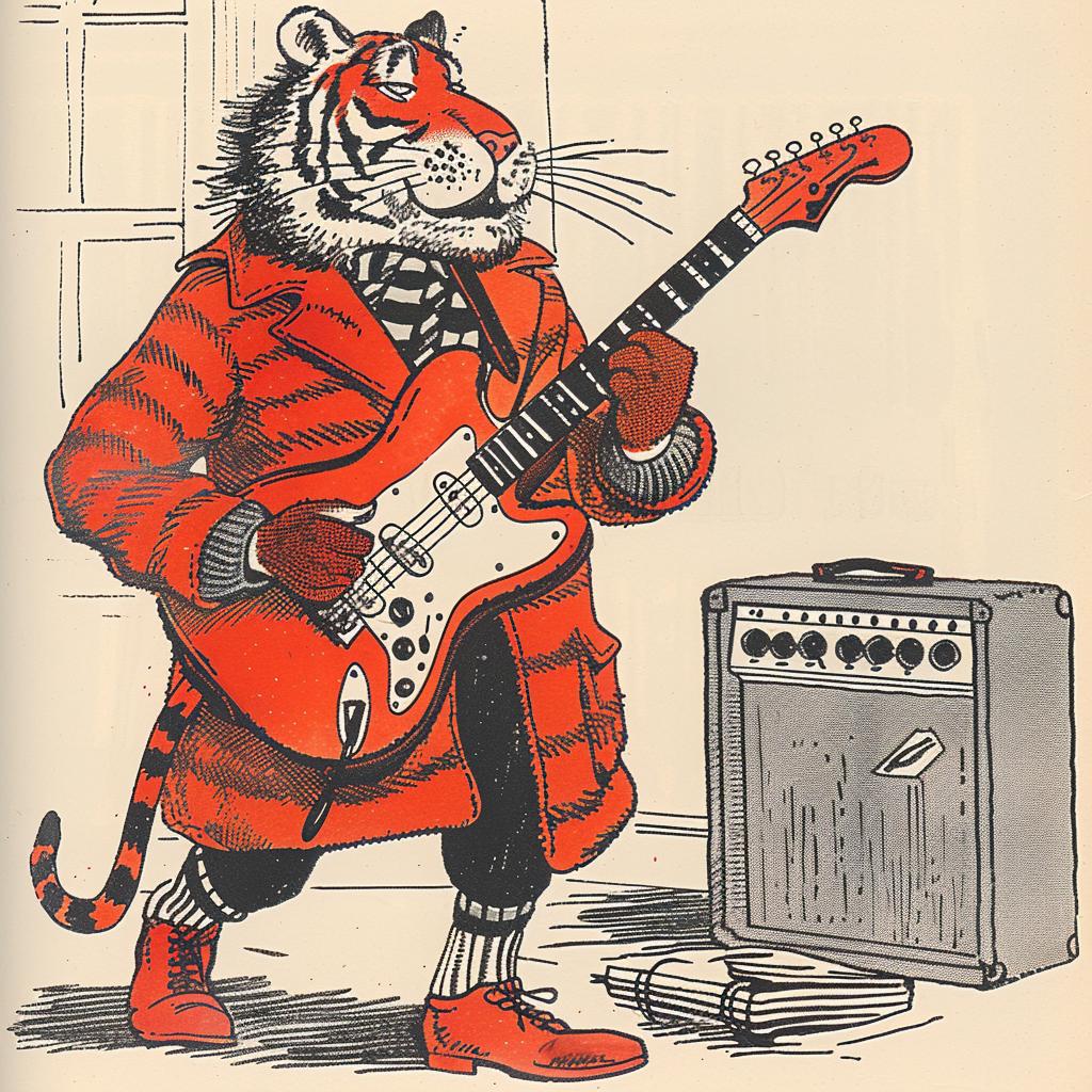 tiger  guitar  Moebius  anthropomorphic  cartoon  musician  fender  playful  character  art 922906