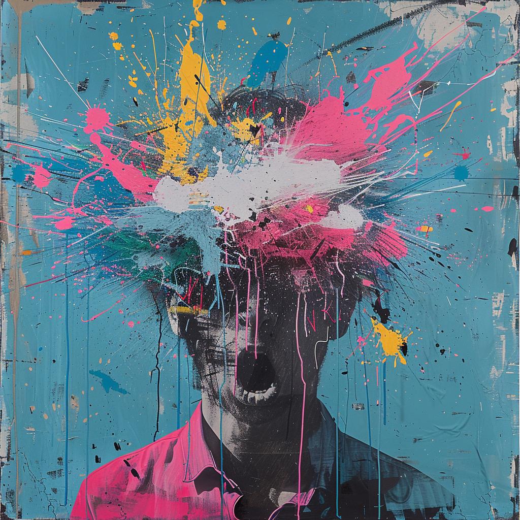 surreal  album  cover  hyper-realistic  screenprinting  Martin  Whatson  encaustic  man  splatters 960034