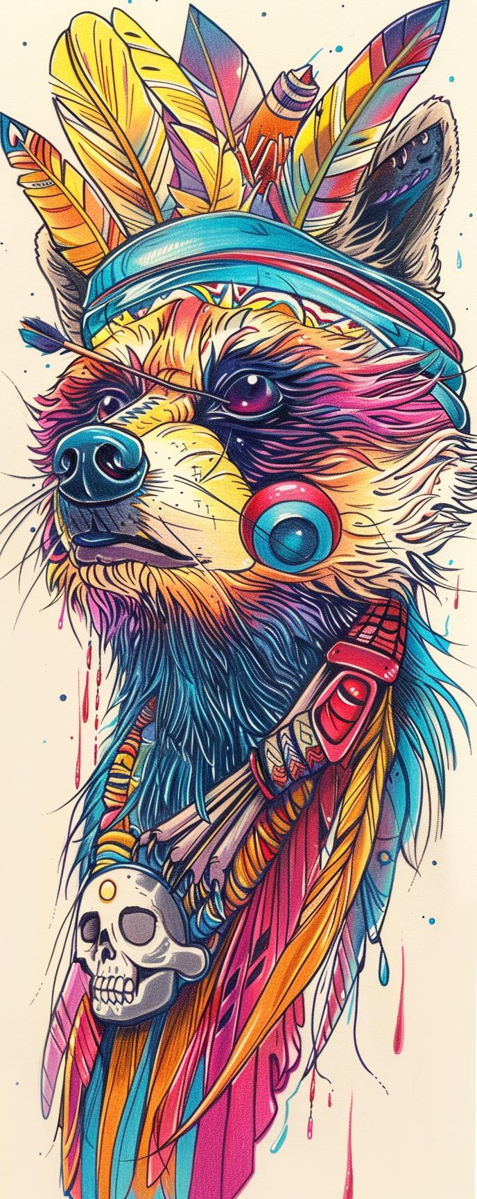 raccoon  drawing  feather  Kachina  mythical  colorful  fantasy  creativity  unique  character 941025