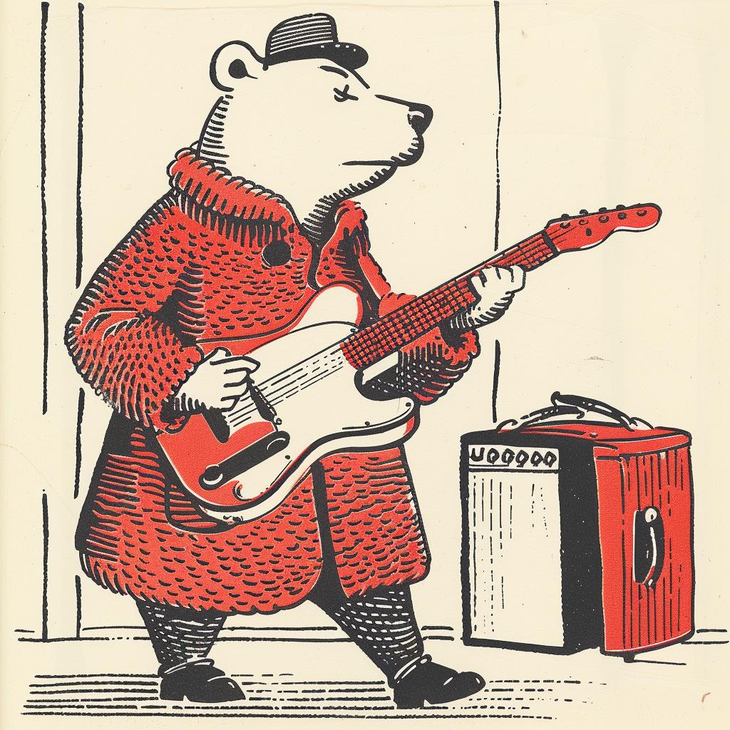bear  guitar  cartoon  anthropomorphic  music  Moebius  playful  stylized  red  electric 922757
