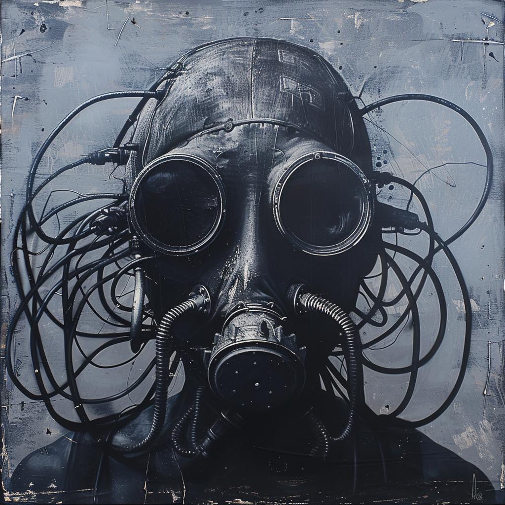 surreal  album  cover  hyper-realistic  screenprinting  gasmask  futuristic  encaustic  Aida  Akers 959946