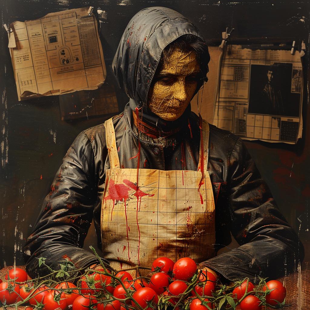 woman  tomatoes  painting  chromolithography  figurative  colorful  stylized  portrait  botanical  illustration 1018471