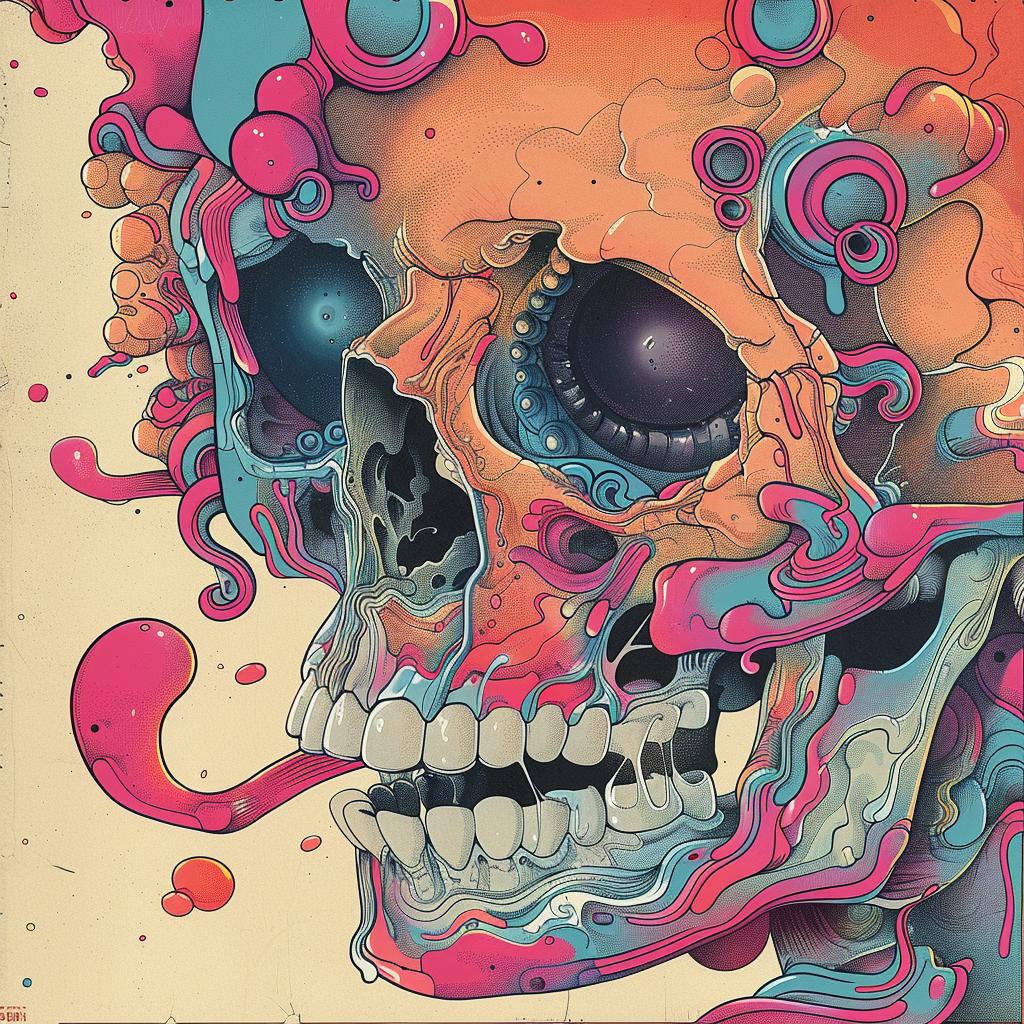 surreal  album  cover  skull  colorful  tongue  Nychos  vibrant  screenprint  minimal 961624