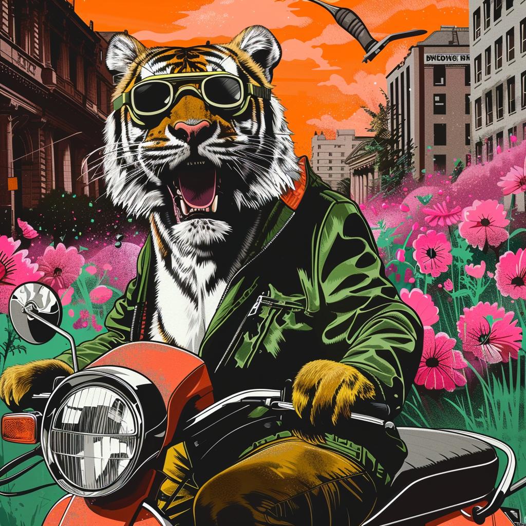 tiger  moped  happy  goggles  flowers  background  whimsical  playful  illustration  animal 1027411