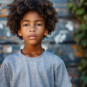 portrait  photography  boy  African American  gray shirt  afro  figure  expressive  child  model 1065402