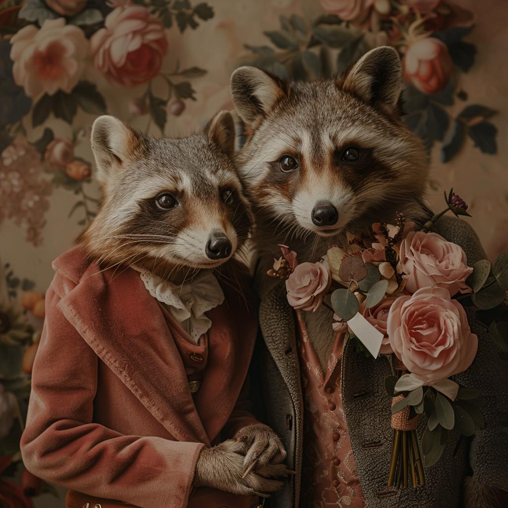 portrait  anthropomorphic  animals  Valentine  Wes  Anderson  raccoons  love  formal  flowers 1029201