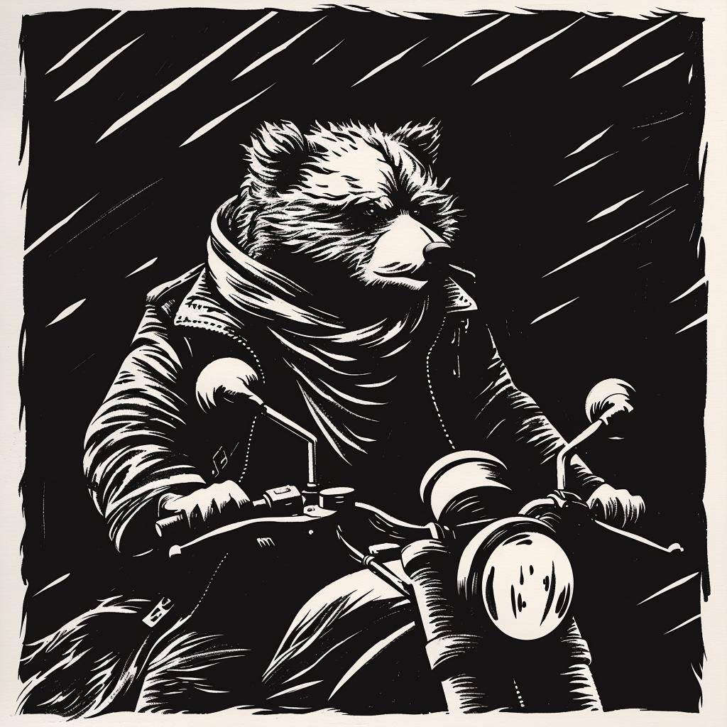 anthropomorphic  grizzly  bear  motorcycle  drawing  black  white  stylized  fun  wildlife 1026114