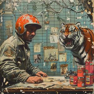 man  helmet  tiger  painting  chromolithography  artwork  illustration  colorful  wildlife  scene 1050833
