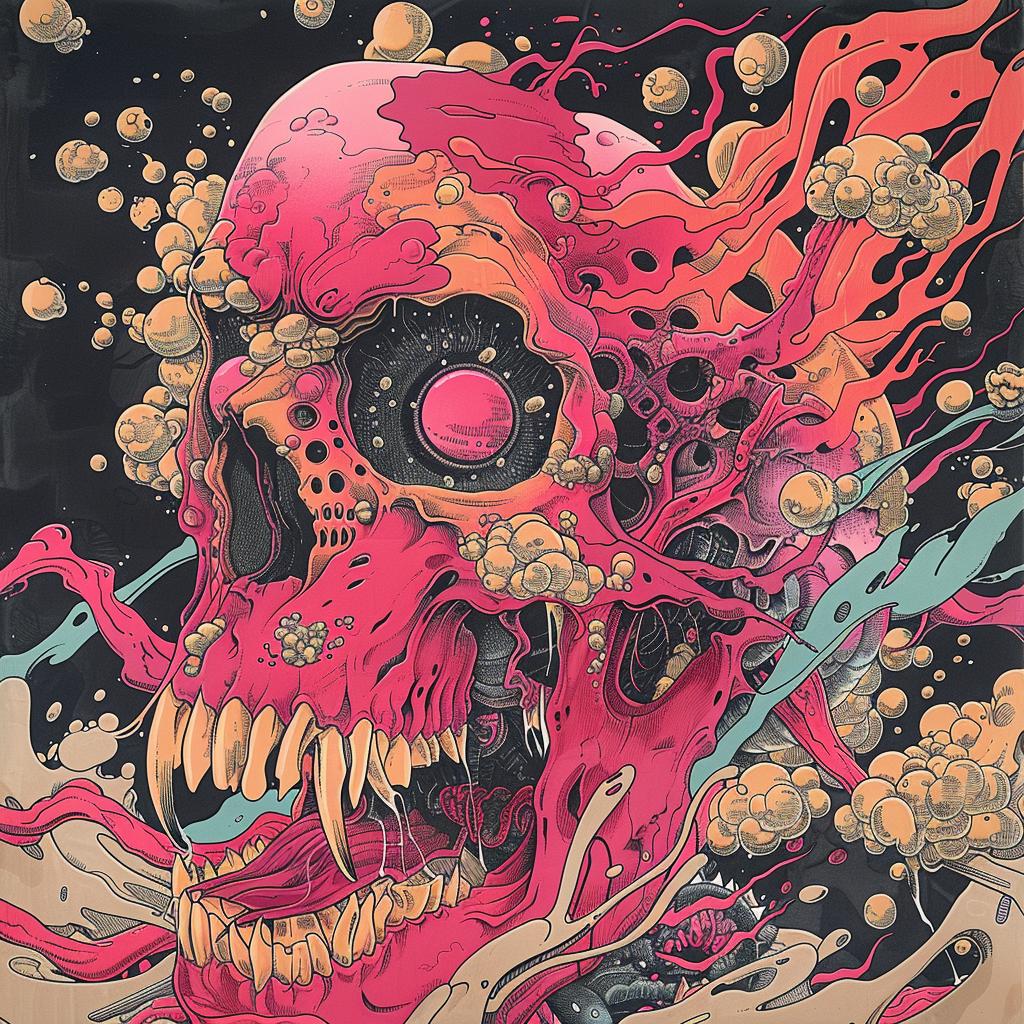 surreal  album  cover  hyper-realistic  screenprinting  chromoluminosity  axonometric  skull  colorful  minimal 961656