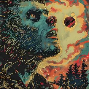werewolf  movie  poster  comic  illustration  surrealism  ArtNouveau  vintage  gold  teal 1076389