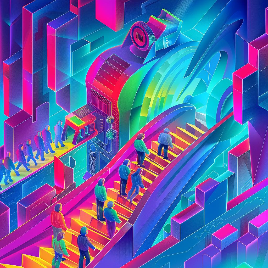 رسم توضيحي ملون مستقبلي متساوي القياس لأشخاص درج رسم فن تصميم هندسة معمارية 943598