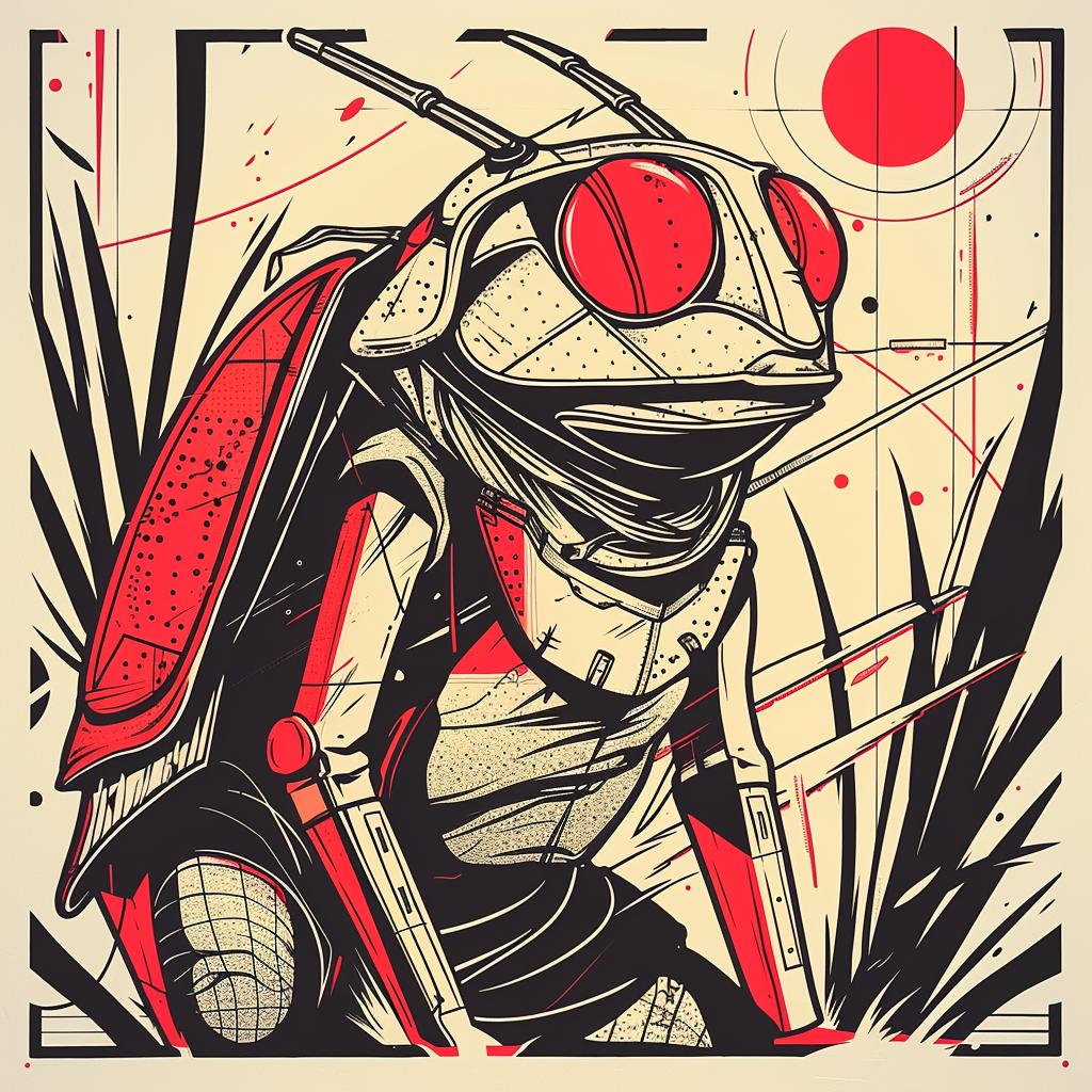 surreal  album  cover  grasshopper  Tsukioka  Yoshitoshi  screenprinting  hyper-realistic  frog  art 939551