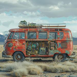 VW  van  desert  time  machine  rusted  electronics  mechanical  Moebius  Stalenhag 1060444