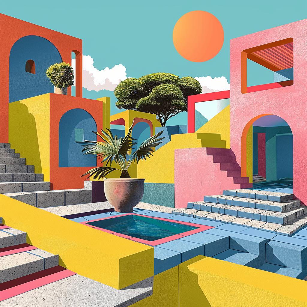 surreal  album  cover  hyper-realistic  screenprinting  Nathalie  Du  Pasquier  colorful  house  pool 960468