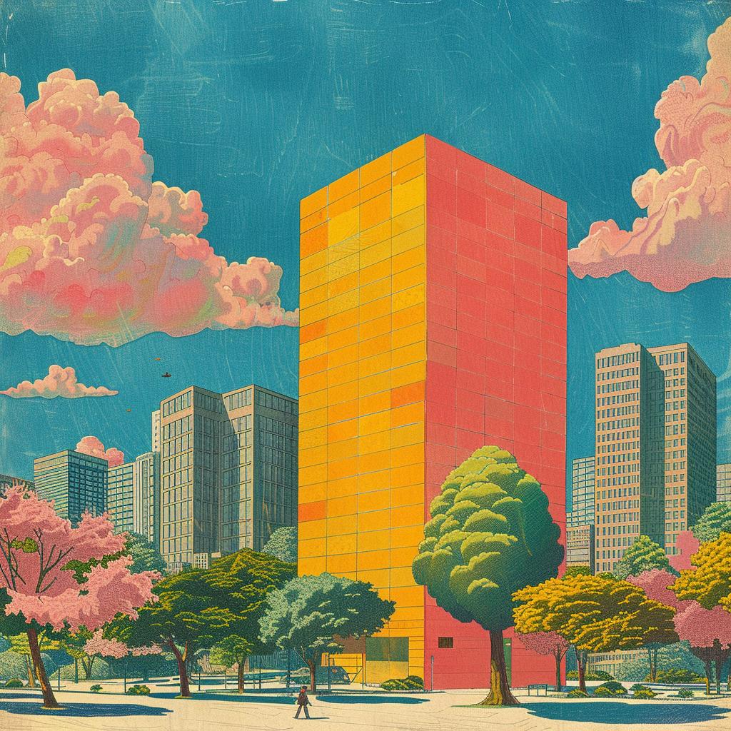surreal  album  cover  skyscraper  Joan  Cornella  city  painting  colorful  architecture 978223
