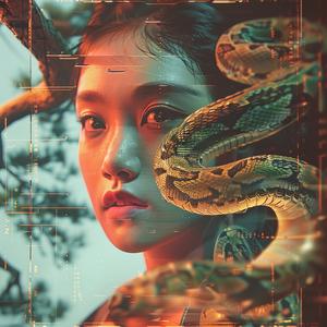 chromolithography  woman  snake  hair  fantasy  mystical  nature  surreal  colorful  intriguing 1040112