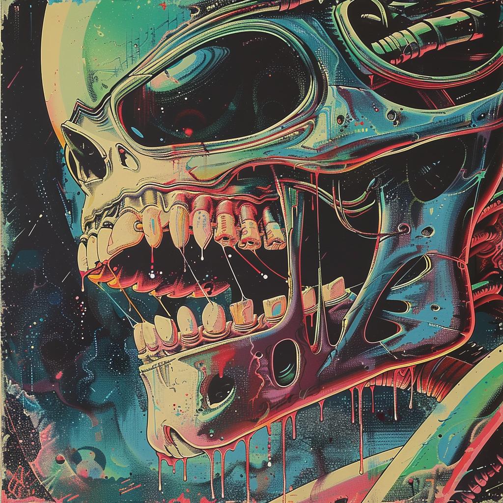 skull  robot  poster  Nychos  electro  synthwave  trippy  geometric  colors  art 960688