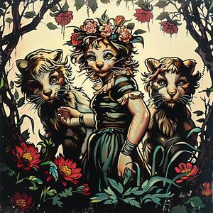 girl  cats  woods  chromolithography  nature  playful  soft  illustration  colorful  whimsical 1048123